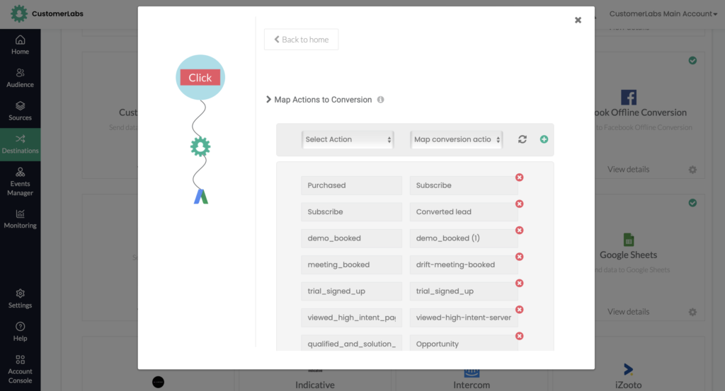 Image showing CustomerLabs Customer Data Platform dashboard of connecting Google Ads and mapping the conversion events with Google Ads. 